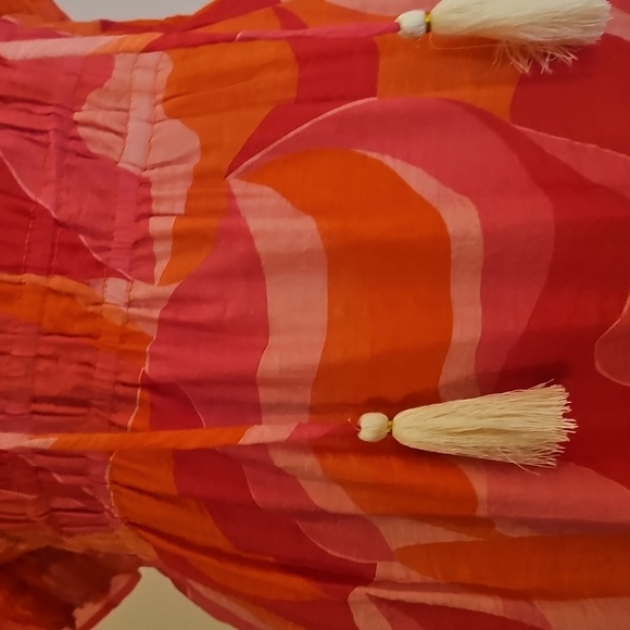 THML Smocked Waist Tiered Orange and Pink Midi Dress - Picture 2 of 5